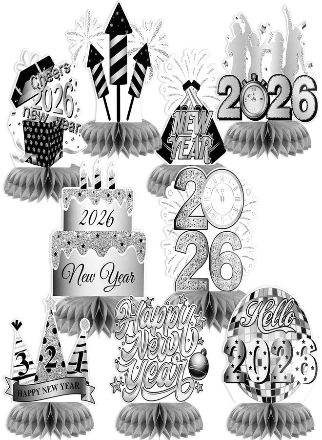 هواف مجموعة زينة حفلات رأس السنة الجديدة من HOWAF، 9 قطع، قطع مركزية على شكل خلية نحل، قطع مركزية فضية للطاولة لعام 2026، زينة طاولة ليلة رأس السنة الجديدة لهدايا حفلات رأس السنة الجديدة، قطع مركزية ورقية فضية على شكل ألعاب نارية للعام الجديد - Image 1